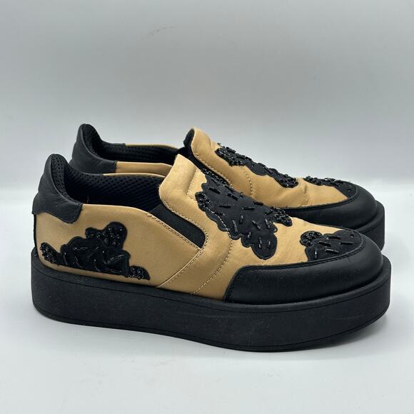 TWIN-SET SIMONA BARBIERI Satin Beaded Slip On Sneakers Tan Black Sz 36/US 6 $395 - Picture 2 of 7